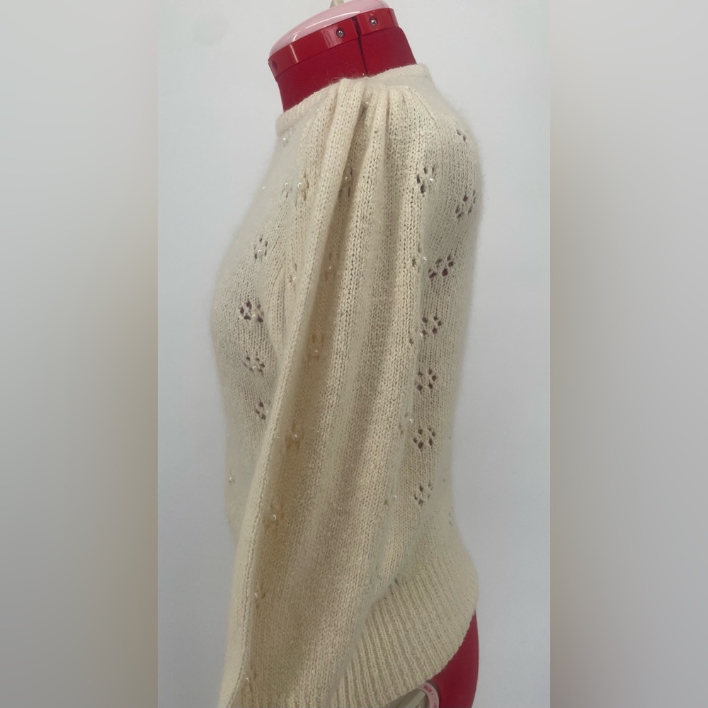 Vintage 80s Silk & Angora Cream Knit Sweater With Floral Cutouts & Pearl Centers - Picture 10 of 15